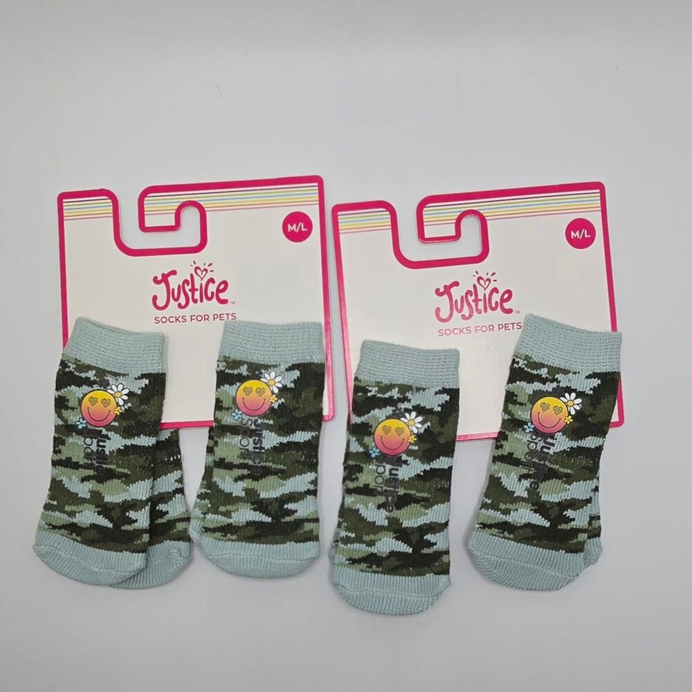 2X Justice Pet Socks Green Camo Paw Print Smiley Face Size up to 2" Paw Width